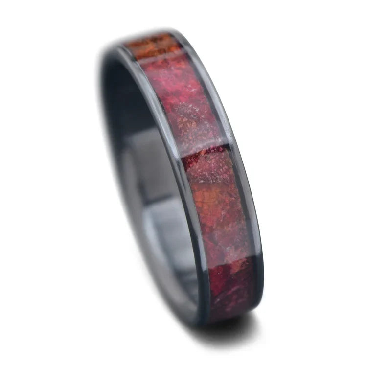 Zirconium wedding ring with central rose petals inlay, 5mm custom band, unique simple design, free engraving option, displayed on a white background.