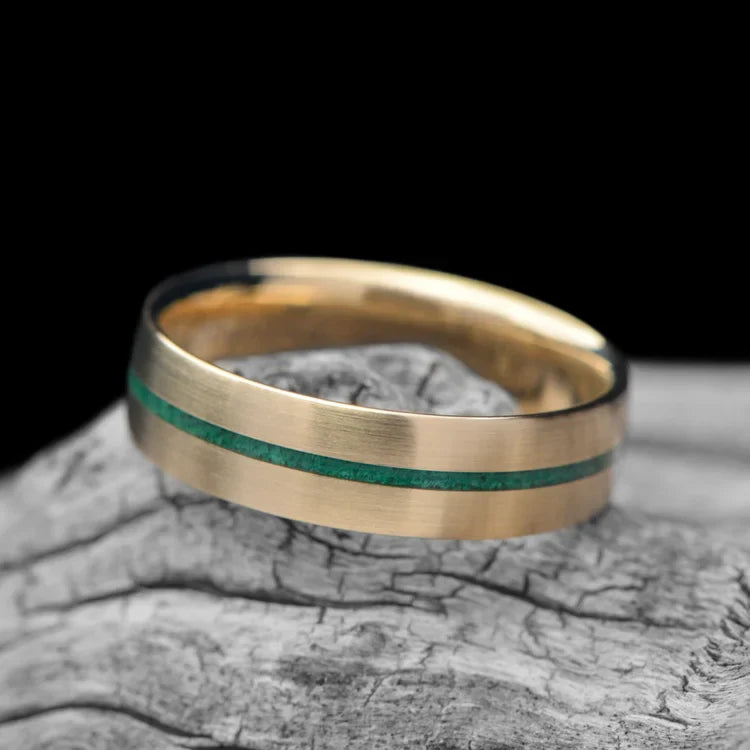 14KY Gold Wedding Band with Central Malachite Inlay, 6mm Men's Wedding Ring, Brushed Domed Profile, Custom Men's Ring, Free Engraving, on White Sea Branch