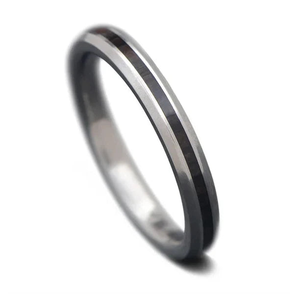 Titanium Wedding Band with Central African Blackwood Inlay, 3mm Women's Wedding Ring, Polished Beveled Profile, Free Engraving, on White Background, 8292