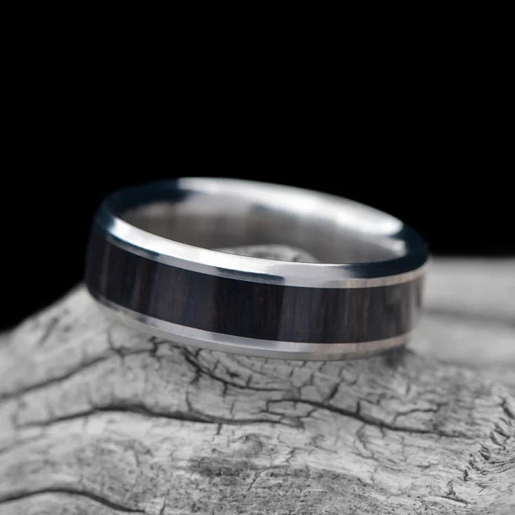 Titanium Wedding Band with Central African Blackwood Inlay on White Sea Branch | Men's 7mm Polished Beveled Profile Ring | Free Engraving