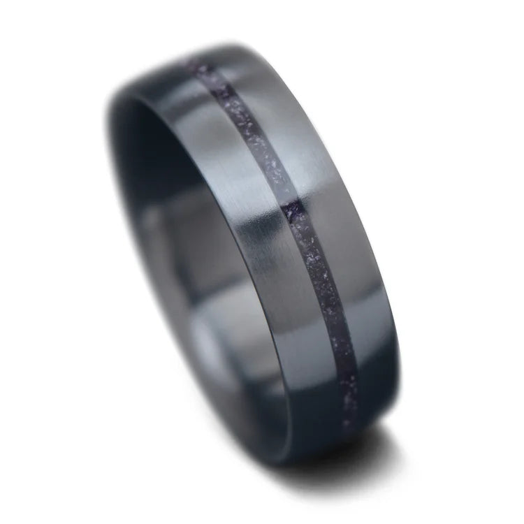 Zirconium Ring with Central Amethyst Inlay on White Background | Men's 7mm Wedding Band | Brushed Domed Profile | Unique Men's Ring with Free Engraving