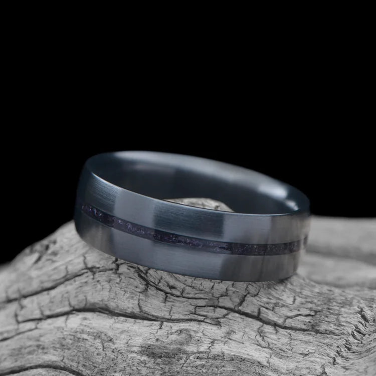 Zirconium Ring with Central Amethyst Inlay on wood| Men's 7mm Wedding Band | Brushed Domed Profile | Unique Men's Ring with Free Engraving