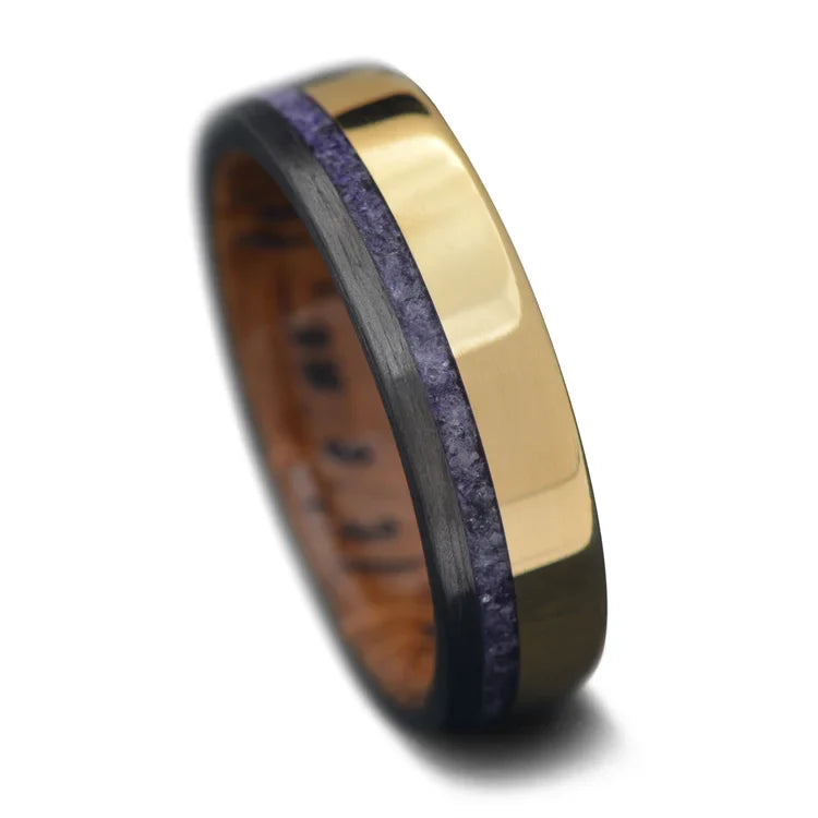 18KY gold men's wedding band with unidirectional and amethyst inlays, featuring a whiskey barrel oak inner sleeve, 6mm width, free engraving option, displayed on a white background.