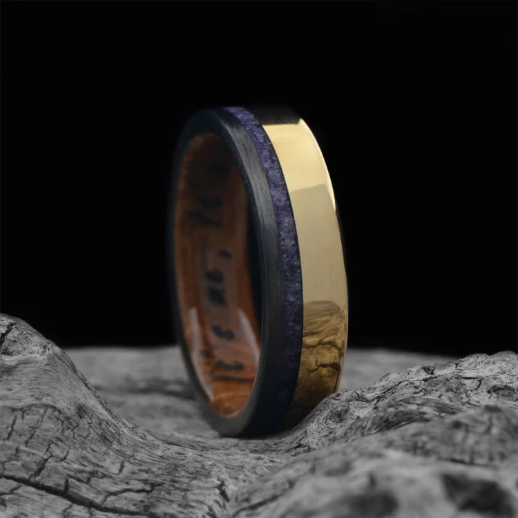 18K Yellow Gold Men's Wedding Band with Unidirectional and Amethyst Inlays, Whiskey Barrel Oak Inner Sleeve, 6mm, on White Sea Branch, Free Engraving Available