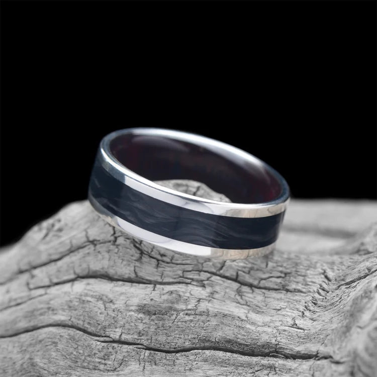 Silver Wedding Band with Central Forged Inlay and Bloodwood Inner Sleeve, 7mm Men's Wedding Ring, Polished Flat Profile, on White Sea Branch, Free Engraving