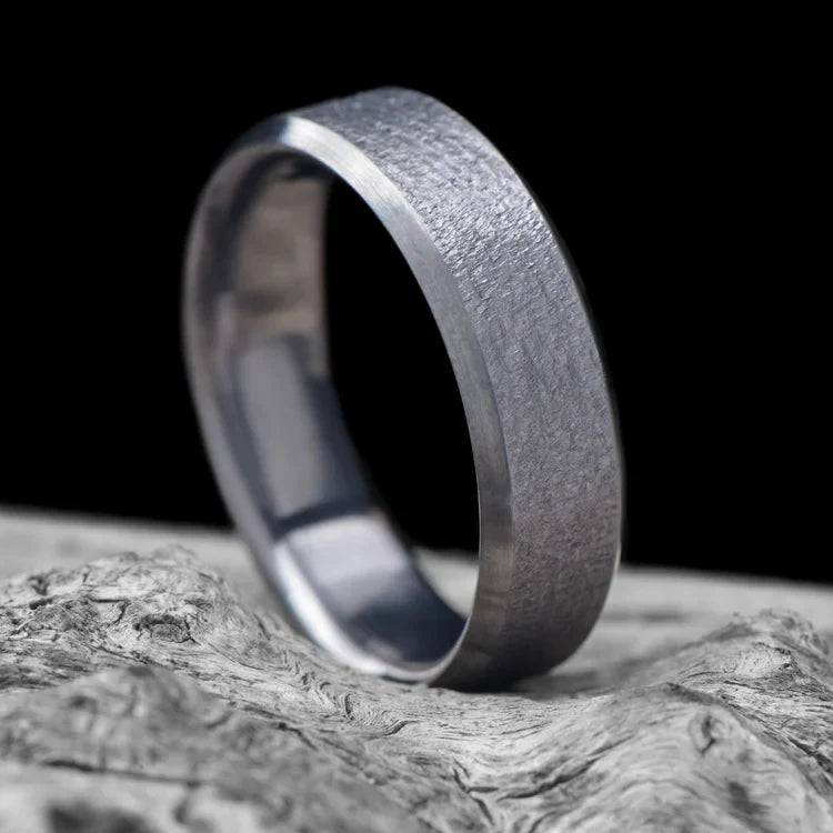 Tantalum Wedding Band with Granite Finish and Beveled Profile on White Sea Branch | 7mm Men's Custom Ring | Unique Men's Wedding Band | Free Engraving