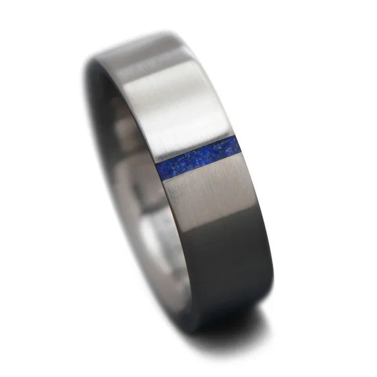 Titanium wedding band with lapis lazuli inlay, 6mm brushed flat profile, men's custom ring, unique men's wedding band, free engraving, on white background