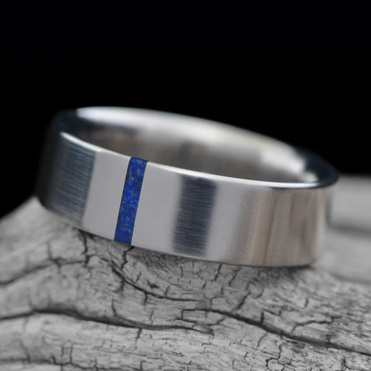 Titanium Wedding Band with Lapis Lazuli Inlay on White Sea Branch - 6mm Brushed Flat Profile Men's Custom Ring with Free Engraving