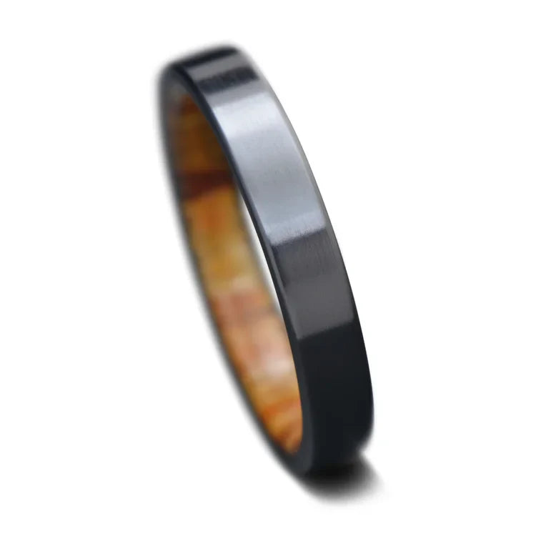 Black Titanium Ring with Silver Spalted Birch Inner Sleeve, 4mm Custom Wedding Band, Polished Flat Profile, Free Engraving