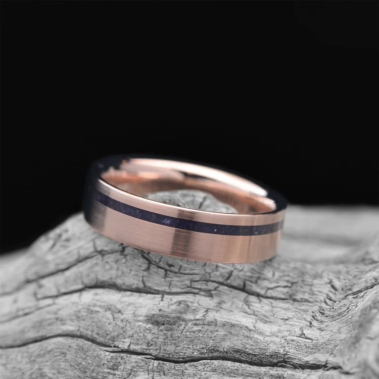 14KR Wedding Band with Amethyst Inlay, 6mm Brushed Flat Profile Men's Ring, Customizable with Free Engraving, displayed on white sea branch