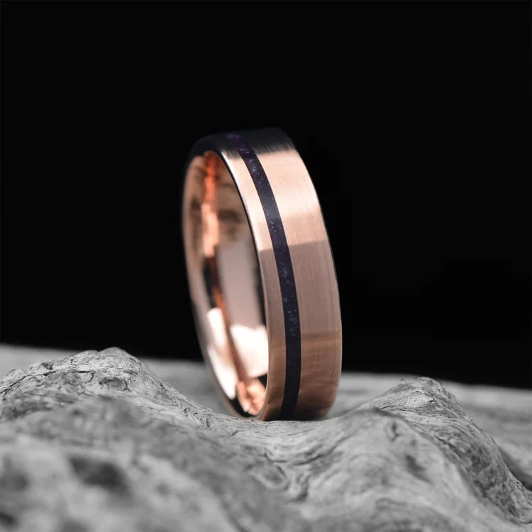 14KR Wedding Band with Amethyst Inlay, Free Engraving, 6mm Brushed Flat Profile, Men's Custom Ring on White Sea Branch