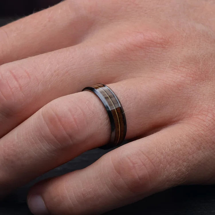 Black Titanium Ring with Walnut and Guitar String Inlays on Hand | FREE ENGRAVING | 6mm Men's Wedding Band | Polished Beveled Profile | Custom Men's Ring