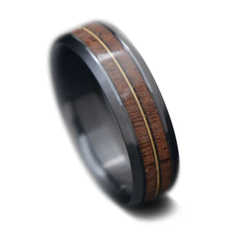 Black Titanium Ring with Walnut and Guitar String Inlays, 6mm Men's Wedding Band, Polished Beveled Profile, Custom Engraving, on White Background