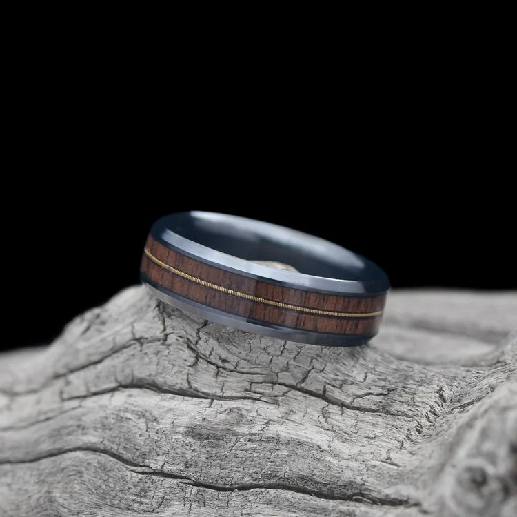 Black Titanium Ring with Walnut and Guitar String Inlays on White Sea Branch - Free Engraving, 6mm Men's Wedding Band with Polished Beveled Profile - Custom Men