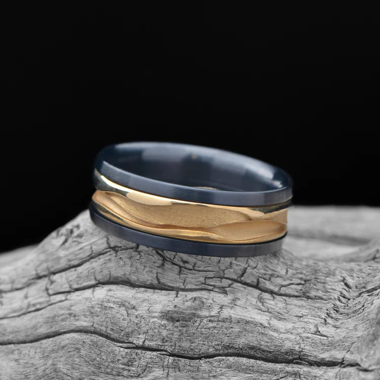 Black Titanium Wedding Band with 18KY Wave Inlay | Men's Wedding Black Titanium Wedding Band with 18KY Wave Inlay | Men's Wedding