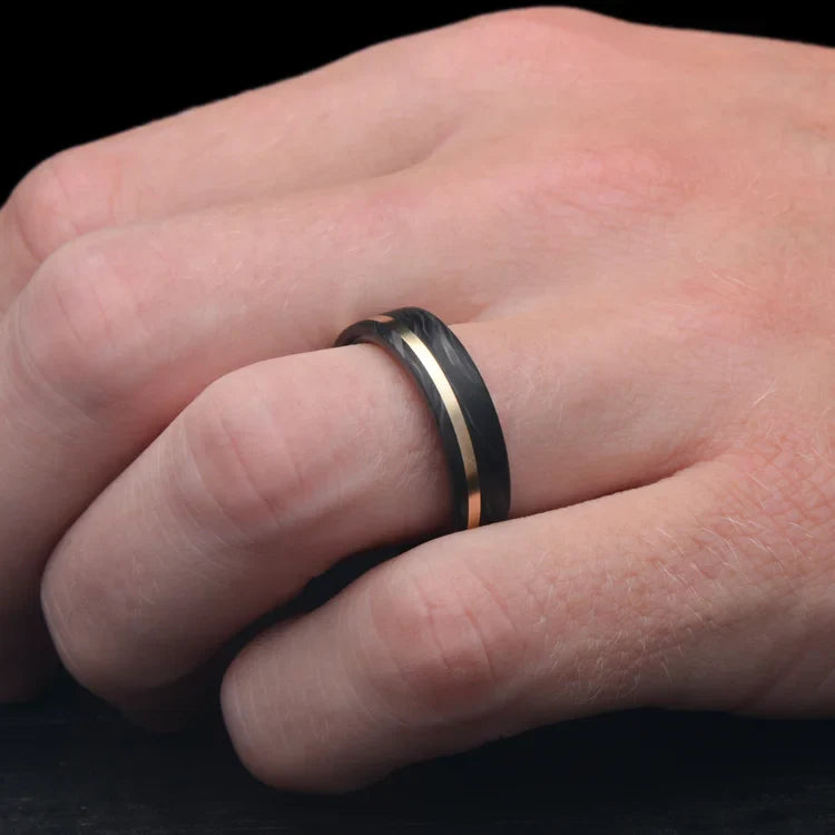 Forged Wedding Band with 14KY and Silver Spalted Birch Inlays, 6mm Men's Wedding Ring with Matte Finish, Custom Men's Ring with Free Engraving, showcased by black-gloved hands"