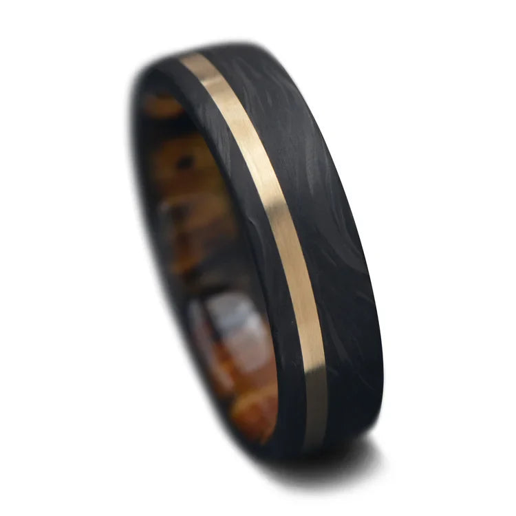 Forged Wedding Band with 14KY and Silver Spalted Birch Inlays, 6mm Men's Matte Finish Custom Ring, Free Engraving, displayed on white sea branch