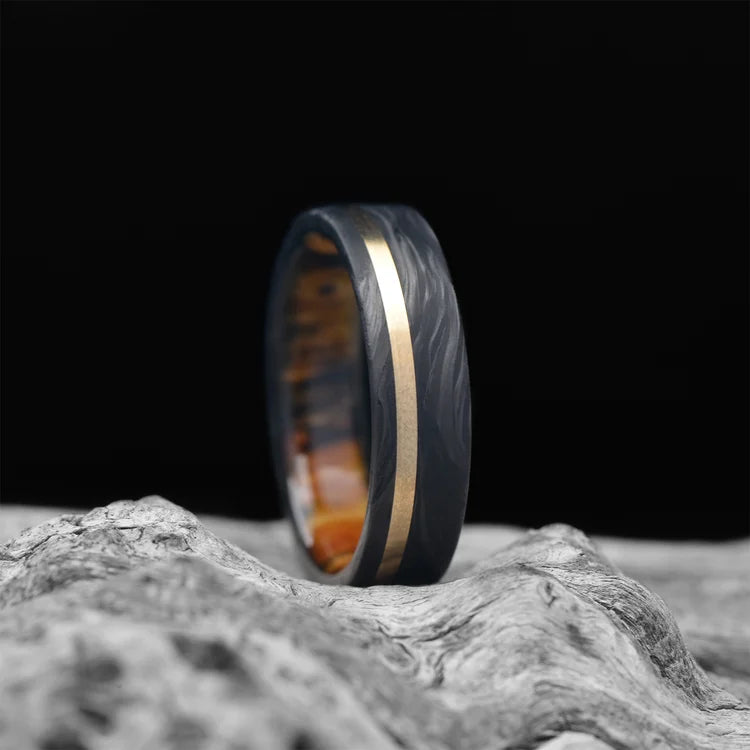 Forged Wedding Band with 14KY and Silver Spalted Birch Inlays on White Sea Branch | Men's 6mm Matte Finish Custom Ring | Free Engraving