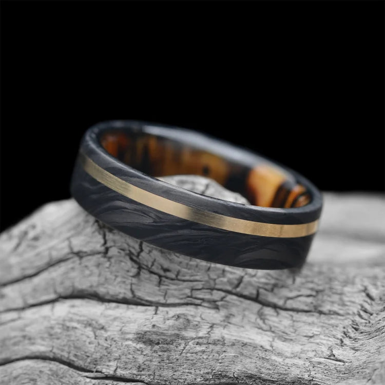 Forged Wedding Band with 14KY and Silver Spalted Birch Inlays, 6mm Men's Wedding Ring, Matte Finish, Custom Men's Ring, Free Engraving