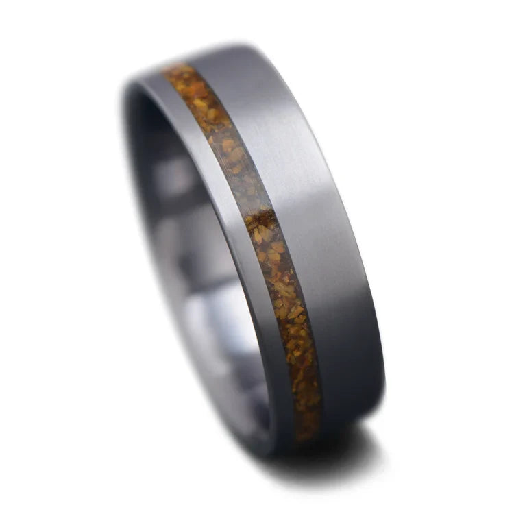 Tantalum wedding band with tiger's eye inlay, 7mm brushed flat profile, unique men's custom ring, free engraving, white background