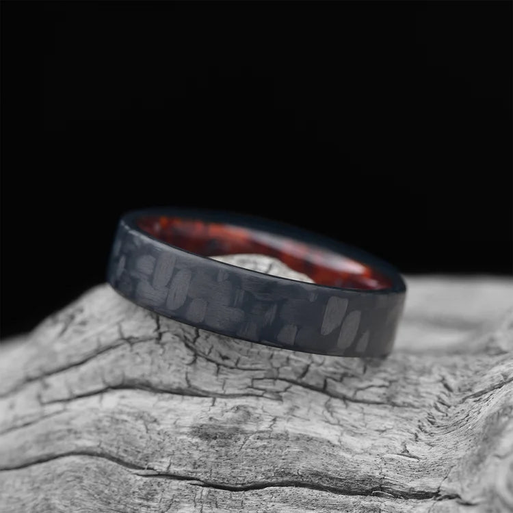 ALT text: "Twill Wedding Band with Thuya Inner Sleeve, 6mm Men's Matte Finish Ring, Customizable with Free Engraving, displayed on white sea branch"