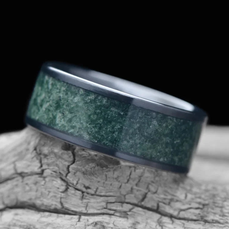 Black Titanium Wedding Band with Central Moss Agate Inlay on White Sea Branch, 8mm Unique Men's Wedding Ring with Free Engraving, Elegant and Stylish Men's Jewelry.