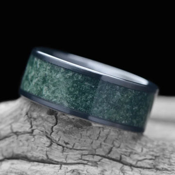 Black Titanium Men's Wedding Band with Moss Agate Inlay | 8mm