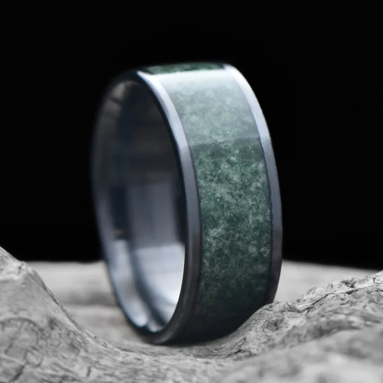 Black Titanium Wedding Band with Central Moss Agate Inlay on White Sea Branch, 8mm Men's Wedding Ring, Unique Design, Free Engraving Available