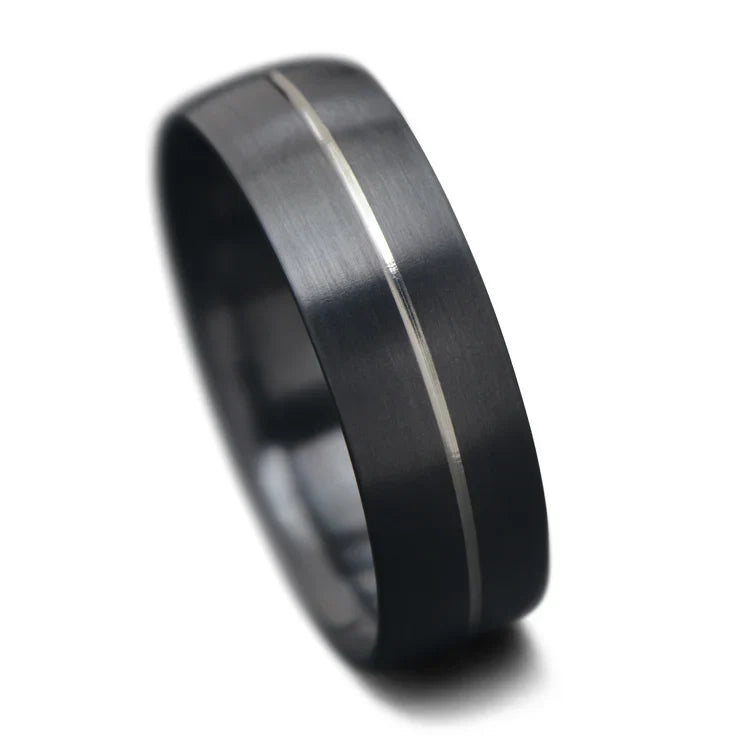 Zirconium wedding band with brushed domed profile, 8mm men's ring on white background, featuring free engraving and custom design options.