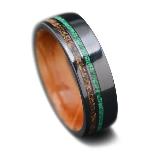 Black Titanium Men's Wedding Band with T-Rex, Malachite, & Whiskey