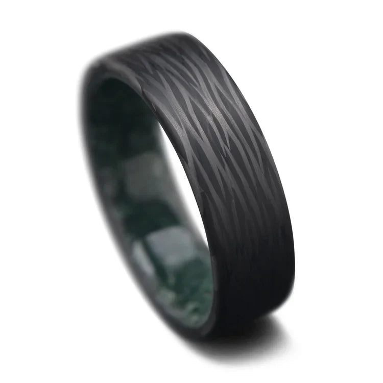 Cross-Cut Wave Wedding Band with Moss Agate Inner Sleeve, 7mm Men's Ring, Unique Brushed Domed Profile, Free Engraving, displayed on a white background