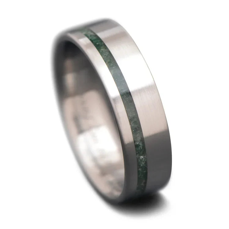 Titanium wedding band with moss agate inlay, free engraving, 6mm mens wedding ring, brushed flat profile, unique mens ring on a white background.