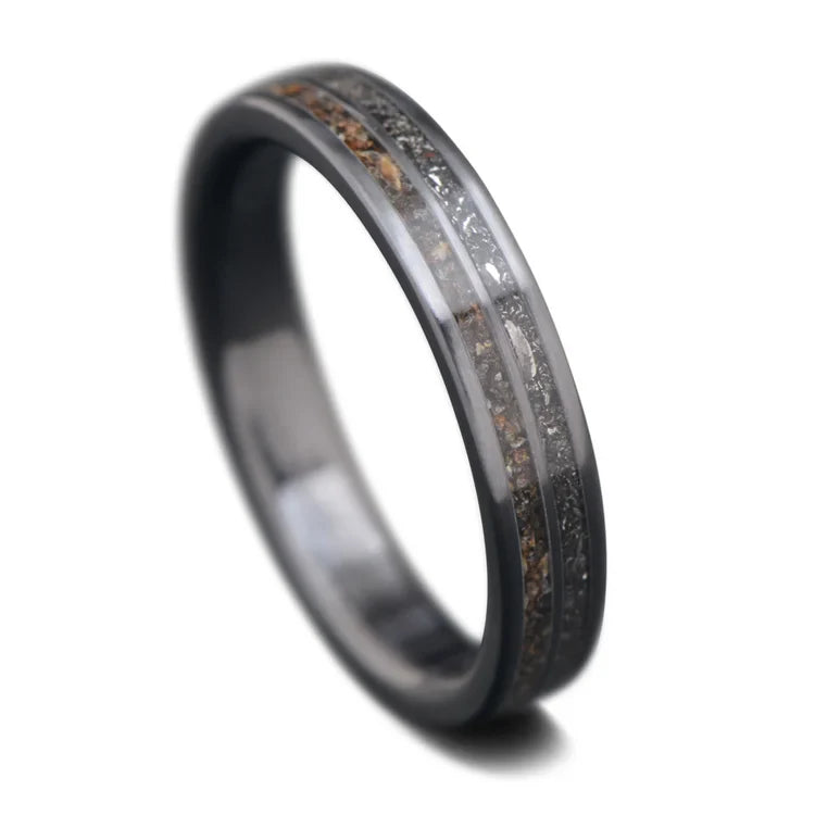 Black titanium wedding band with meteorite inlay, 4mm, custom simple ring, unique wedding band, free engraving, displayed on a white background.