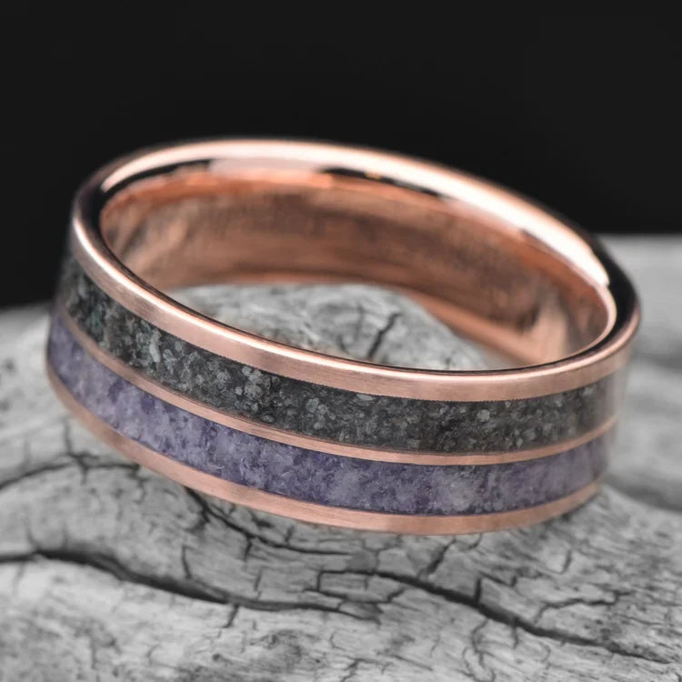 14K Rose Gold Wedding Band with Amethyst and Alexandrite Inlays, 7mm Mens Ring, Unique Custom Design, Free Engraving, displayed on a white sea branch.