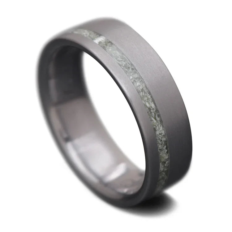 Tantalum wedding band with jade inlay, 7mm mens ring, brushed flat profile, unique design, free engraving option, displayed on white background.