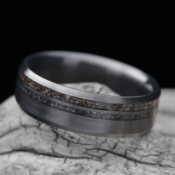 Zirconium Men's Wedding Band with Crushed T-Rex & Meteorite Inlays