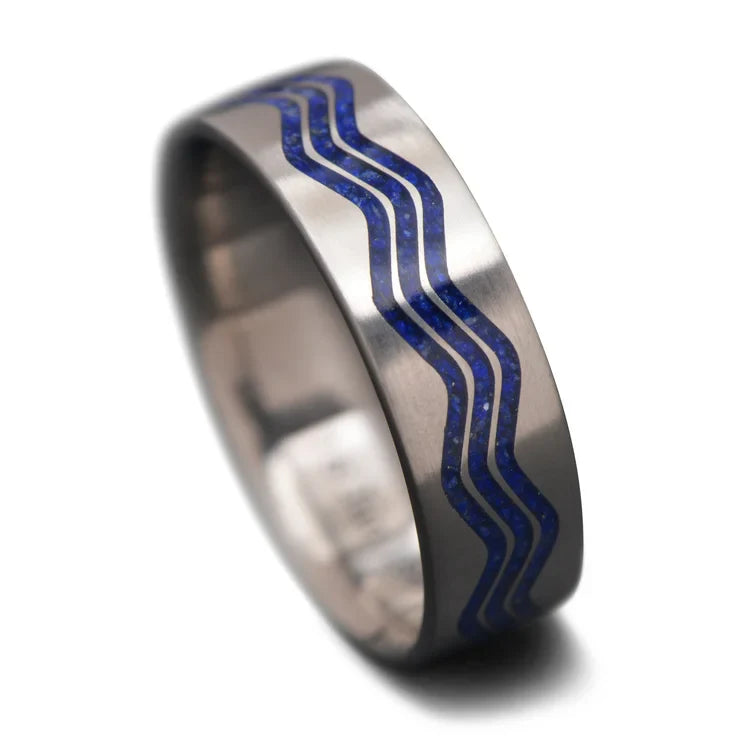 Titanium wedding band with lapis lazuli inlay, 7mm mens ring, unique custom design, free engraving, perfect for weddings, on a white background