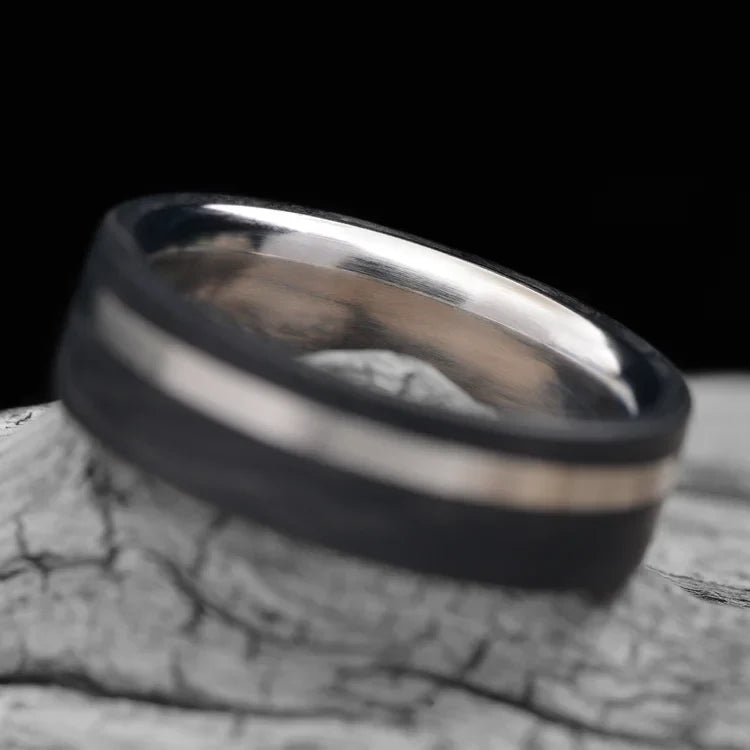 Forged Titanium Wedding Band with 14KW Inlay, Mens 6mm Brushed Flat Profile Ring on White Sea Branch, Free Engraving Available