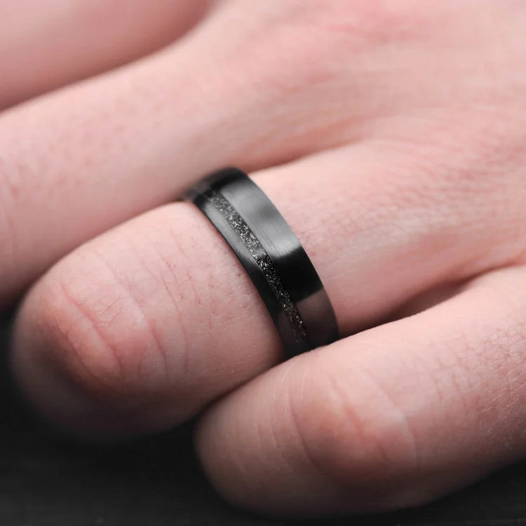 Black Zirconium ring with Meteorite Inlay | Mens Wedding Band | Free Engraing
