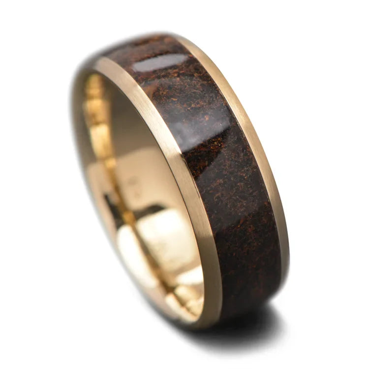 10K yellow gold mens wedding band with a solid T-Rex central inlay, 7mm width, unique custom design, free engraving available, displayed on a white background.