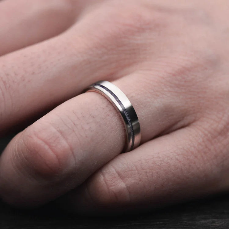 14KW wedding band with amethyst inlay, free engraving, 4mm custom brushed flat profile, unique wedding band on white sea branch.