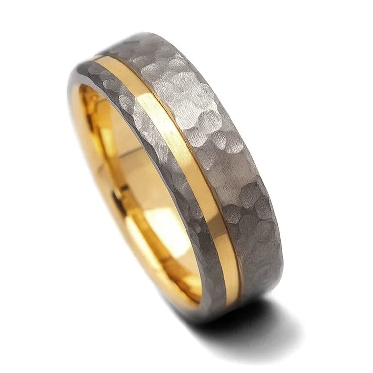 Mens 7mm titanium wedding band with 10KY inlay, faceted flat profile, unique custom design, free engraving, displayed on a white background.
