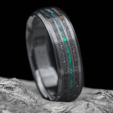 Black Titanium Men's Wedding Band with Meteorite, T-Rex, and Black
