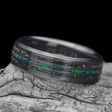 Black Titanium Men's Wedding Band with Meteorite, T-Rex, and Black