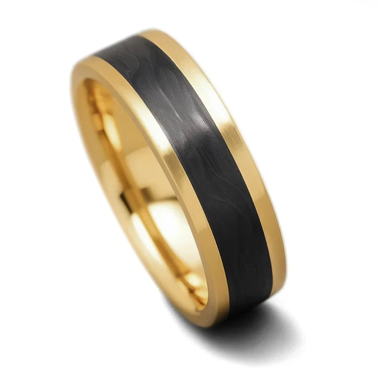 18KY mens wedding band with central forged inlay, custom brushed flat profile, 6mm width, free engraving, displayed on a white background