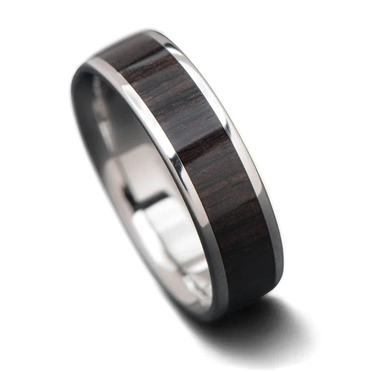 Titanium ring with Central African Blackwood inlay, 6mm mens wedding band, unique custom design, free engraving option available, displayed on a white background.