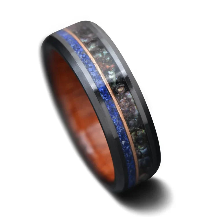 Black Titanium Wedding Band with Black Pearl, Lapis Lazuli, and Guitar String Inlays for Men, 7mm, Unique Mens Wedding Ring, Free Engraving, on a White Background