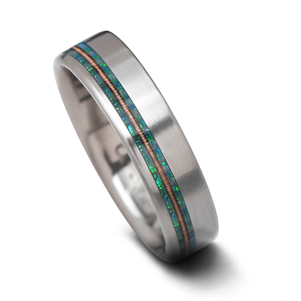 Titanium Ring with Emerald Opal & Guitar String Inlay | Unique