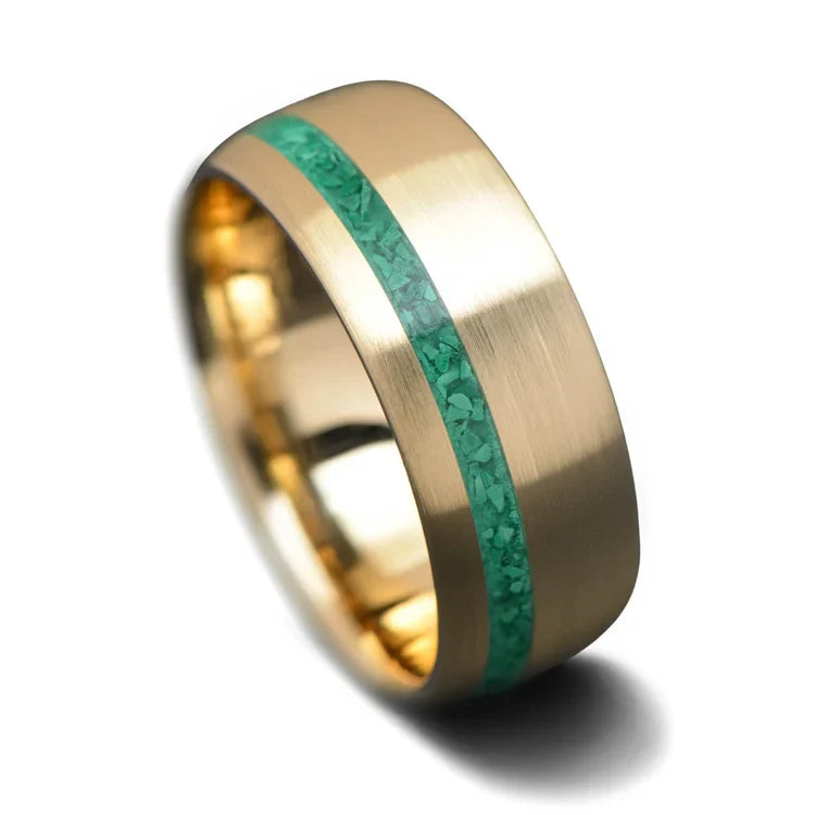 10KY gold wedding band with malachite inlay, 8mm mens ring, brushed domed profile, unique custom design, free engraving available, elegant wedding jewelry on white background
