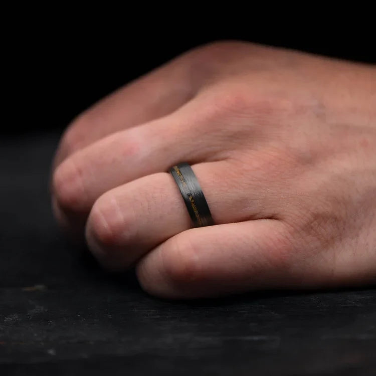 Mens unidirectional wedding band with tigers eye and central inlay, 6mm matte flat profile, unique custom design, free engraving, worn on a hand.